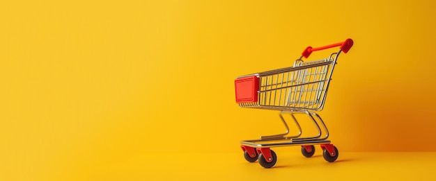 Chariot d'achat métallique rouge génératif sur fond jaune boutique minimaliste en ligne