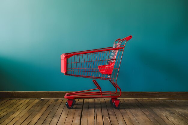 Photo un chariot d'achat rouge pop de couleur contrastée placé sur un sol en bois