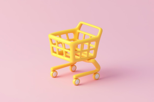 Chariot d'achat vide 3D pour les achats sur fond pastel Icône créative de dessin animé de conception minimale Vente de concept de vendredi noir Saison d'achat d'achat réductions shopaholic Marketing de promotion