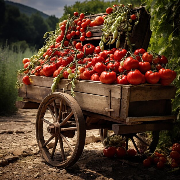 Un chariot en bois chargé des fruits d'une ferme fertile de tomates