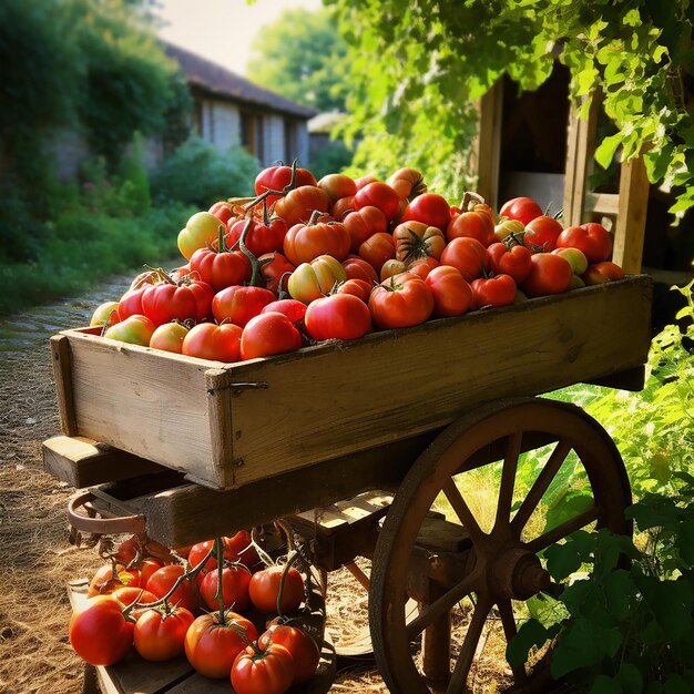 Un chariot en bois chargé des fruits d'une ferme fertile de tomates