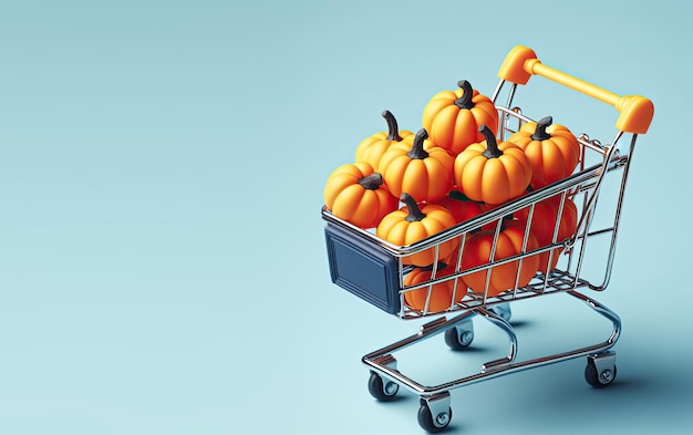 Un chariot avec des citrouilles sur fond bleu pastel Halloween et achats en ligne