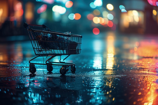 Un chariot de courses dans une rue humide la nuit