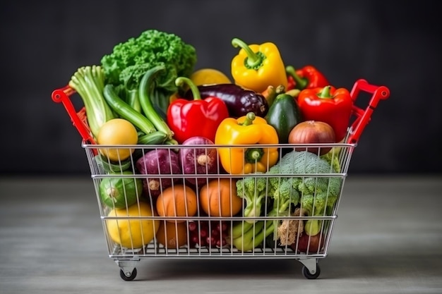 Un chariot de courses rempli de légumes frais