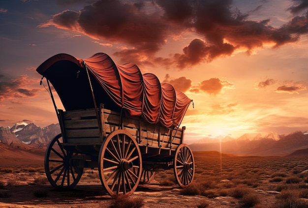 Photo chariot couvert au coucher du soleil dans le style de références culturelles pop emblématiques