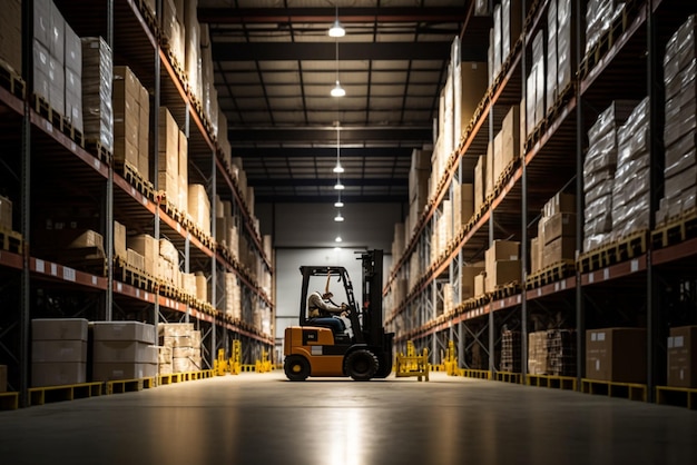 Un chariot élévateur dans un entrepôt de vente au détail avec des boîtes sur les étagères présentant la distribution