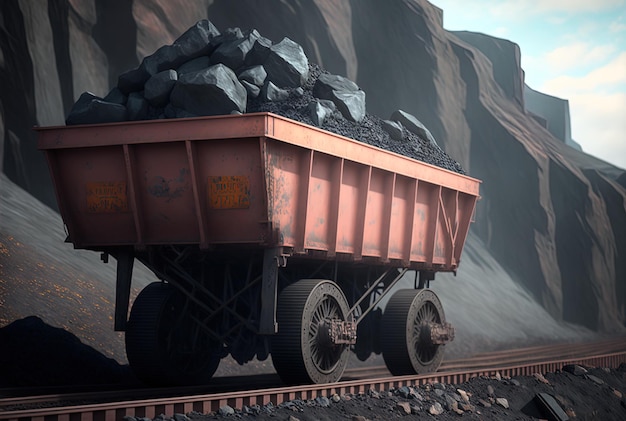 Un chariot d'extraction chargé de minerais d'acier sur une balustrade à l'extérieur d'une mine de charbon