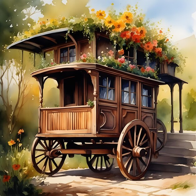 Chariot de gitans avec une terrasse et un escalier en bois fleurs