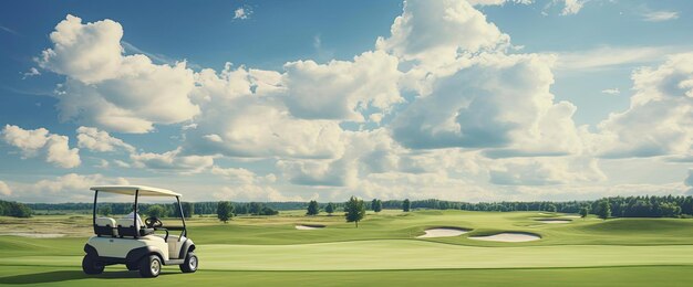 Photo chariot de golf sur le bord d'un parcours vert avec des nuages venant dans le style de la symétrie néoclassique