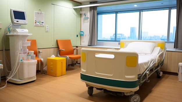 Un chariot médical vide sur roues se tenant contre un mur blanc avec une bande bleue à l'intérieur d'une chambre d'hôpital ou