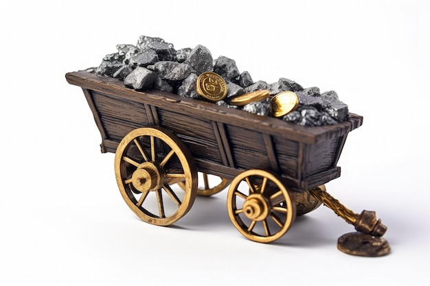 Photo chariot de mine avec concept d'extraction de bitcoins et de crypto-monnaie fond blanc ia générative