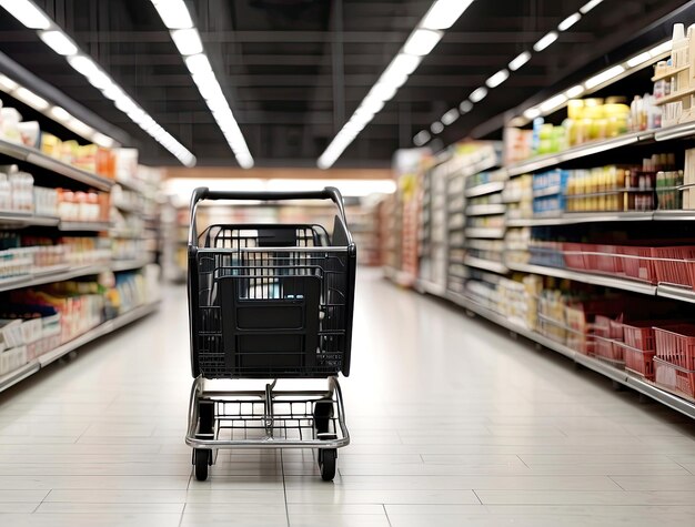 Photo un chariot de nourriture noir vide dans le supermarché parmi les étagères avec de l'épicerie