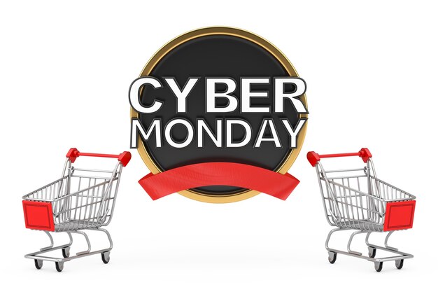 Chariot de panier d'achat avec bannière de vente Cyber Monday sur fond blanc. Rendu 3D