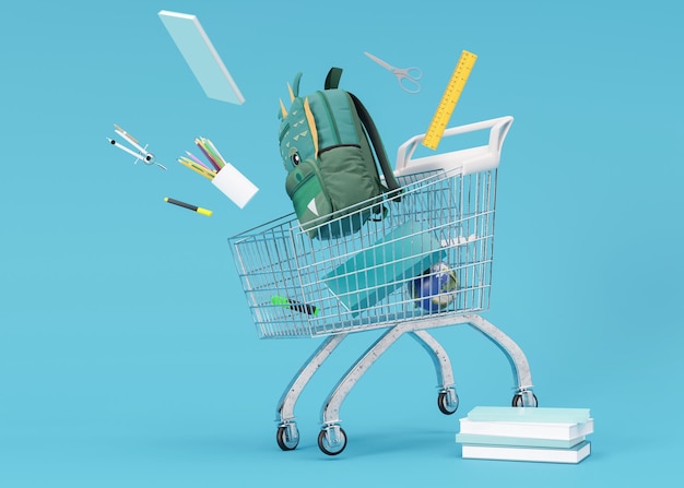 Chariot à provisions avec articles de papeterie scolaire sur fond bleu Shopping pour la vente scolaire de fournitures scolaires Concept de retour à l'école Shopping bonne offre rendu 3D