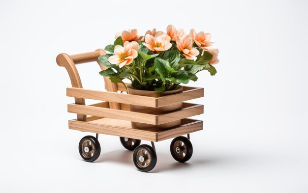 Un chariot roulant en bois avec une fleur solitaire isolée sur un fond blanc
