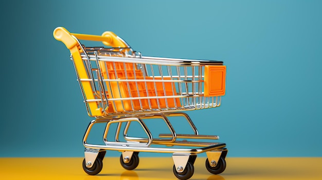 Un chariot de supermarché jaune se détache sur un fond bleu vif, ce qui en fait un visuel accrocheur