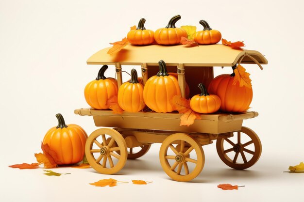 Chariot de Thanksgiving plein de citrouilles d'avion avec des feuilles tombant sur un fond blanc