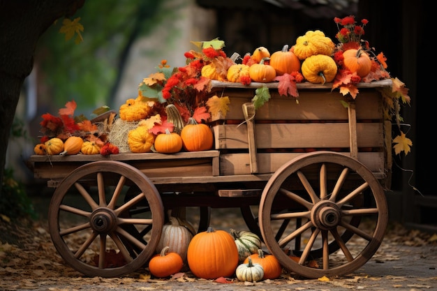 Un chariot de Thanksgiving rempli de citrouilles avec des feuilles qui tombent.