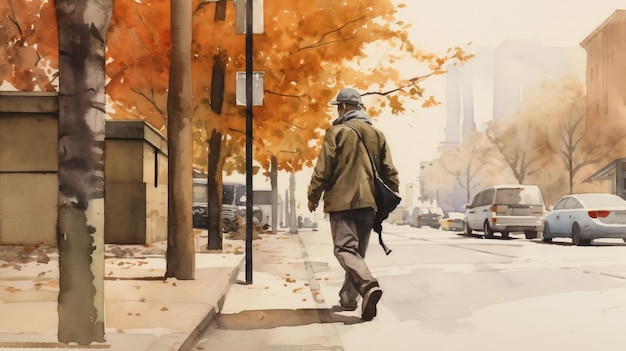 Charles marchant sur le trottoir à l'aquarelle