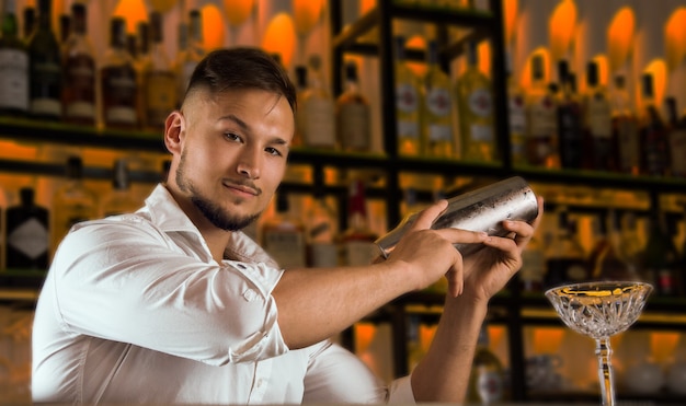 Le charmant barman tient un shaker et regarde la caméra