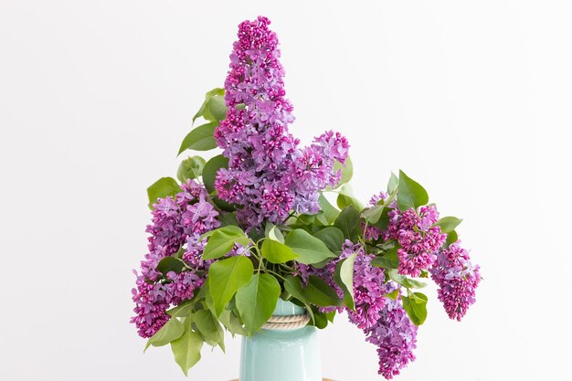 Charmant bouquet de lilas en fleurs dans un vase sur gris