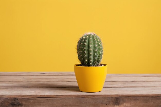 Charmant cactus sur une table en bois vintage complétée par des murs jaunes ensoleillés