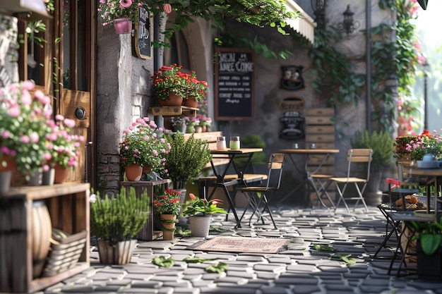 Charmant café avec des sièges en plein air et une boîte à fleurs