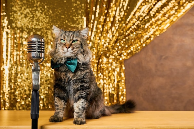 Charmant chat curieux alors qu'il se penche pour inspecter un microphone vintage