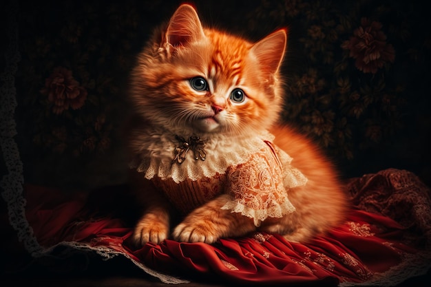 Un charmant chaton rouge est le point focal de cette photographie fantaisiste