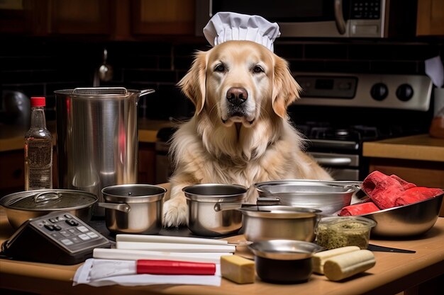 Charmant chef canin cuisinant habilement des plats délicieux dans une cuisine vibrante et chaleureuse