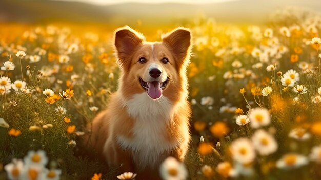 Charmant chien corgi avec des fleurs au printemps Generative AI