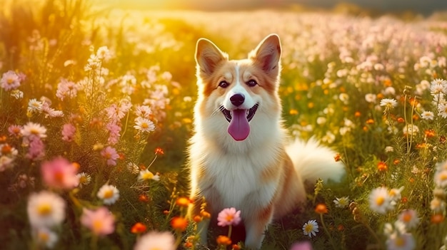 Charmant chien corgi avec des fleurs au printemps Generative AI