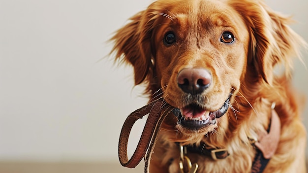 Charmant chiot de Golden Retriever en train de serrer la laisse dans les mâchoires contre un fond plat