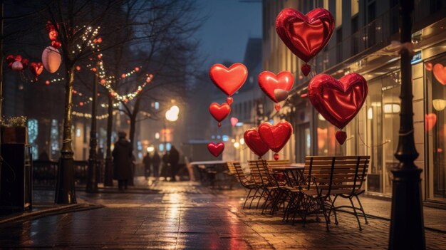 Un charmant coin de rue orné de ballons en forme de cœur et de décorations pour la Saint-Valentin.