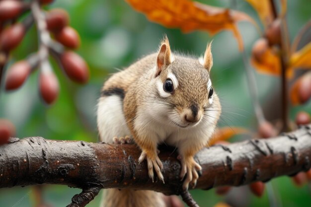 Un charmant écureuil brun pose sur une branche d'arbre