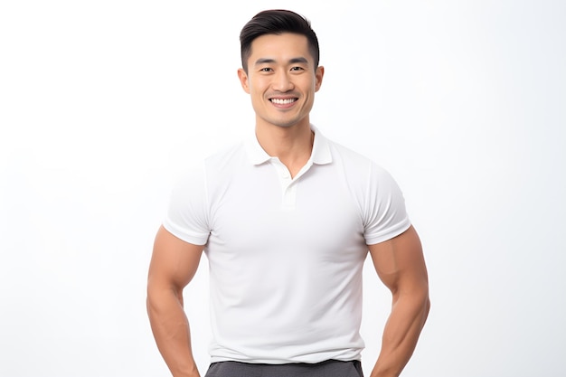 Un charmant entraîneur de fitness asiatique beau souriant en toute confiance avec le bras croisé en tee-shirt de polo isolé