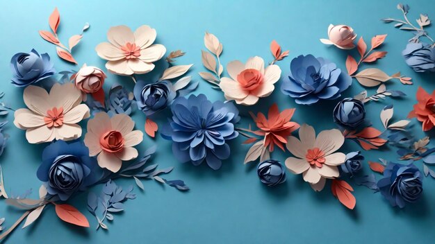 Charmant fond 4K avec des fleurs de papier bleu