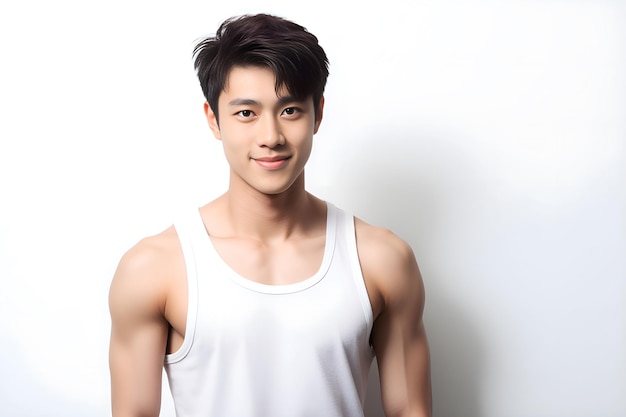 Photo charmant jeune garçon asiatique homme portant un tank top souriant heureux bras croisés athlète de fitness