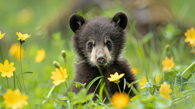 Un charmant jeune ourson s'amuse sur l'herbe à fleurs jaunes.
