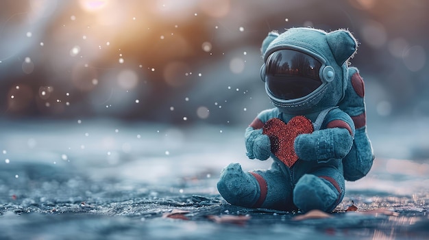 Photo charmant jouet d'astronaute bleu en peluche tenant un cœur de puzzle un symbole de l'autisme pour la journée mondiale de sensibilisation à l'autisme