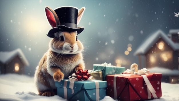 Charmant lapin vintage sur un fond brillant sur le thème de Noël