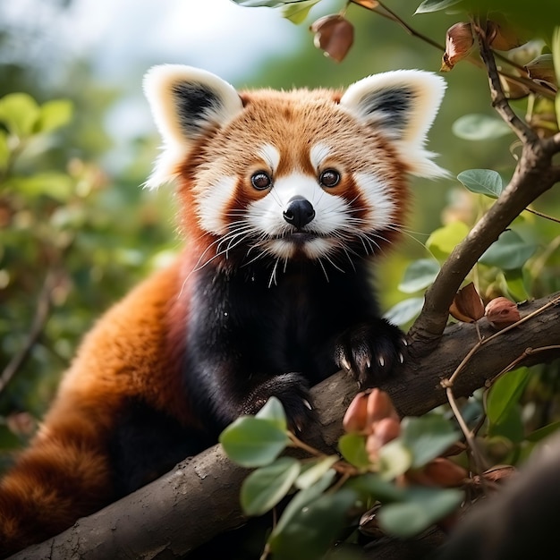 Un charmant panda rouge suspendu à une branche d'arbre entouré de B Illustration hyperréaliste Photo Art