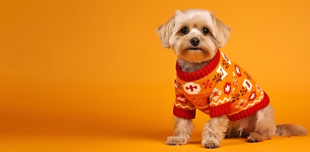 Photo un charmant petit chien orne un pull de noël sur une bannière à fond orange
