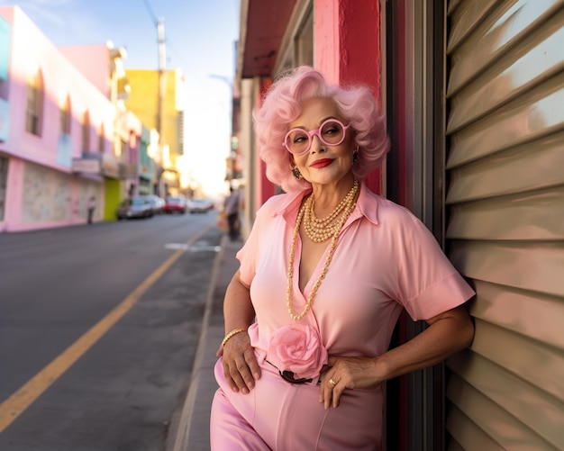 Charmant en rose Portrait captivant d'une femme mûre dans la rue