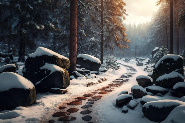 Charmant sentier rocheux glacé autour d'une forêt en hiver