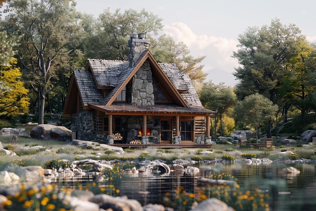 Charmante cabane au bord du lac avec une cheminée en pierre