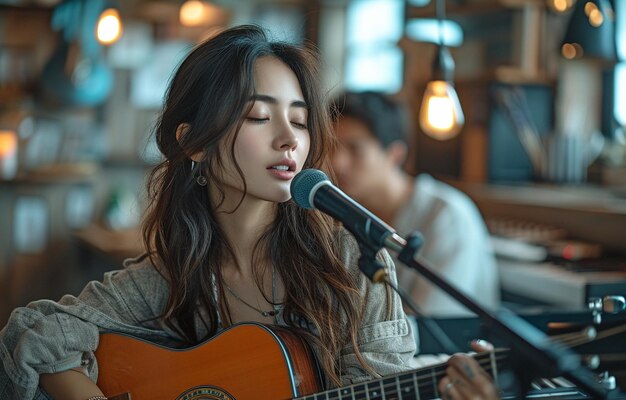 Une charmante chanteuse asiatique à la guitare acoustique accompagnée d'un homme au clavier électronique.