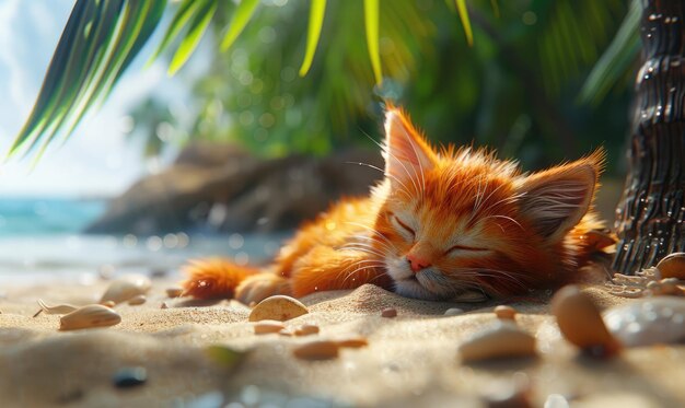 Un charmante chat de dessin animé se repose sous un palmier qui capture l'essence des vacances d'été