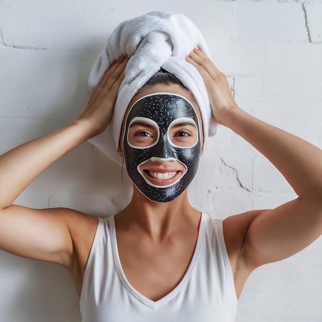 Une charmante dame avec un masque noir et blanc pour rétrécir les pores posant sur un mur blanc