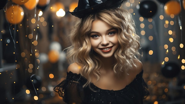 Charmante femme aux cheveux longs célébrant Halloween avec enthousiasme